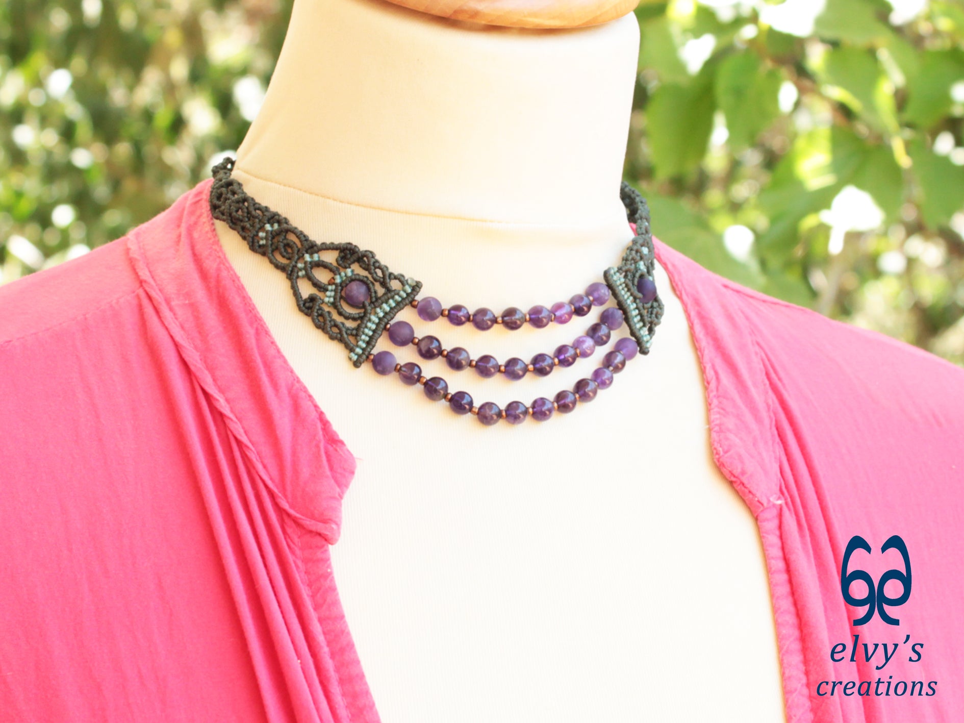 Green Macrame Necklace with Handmade Necklace with Amethyst Gemstones