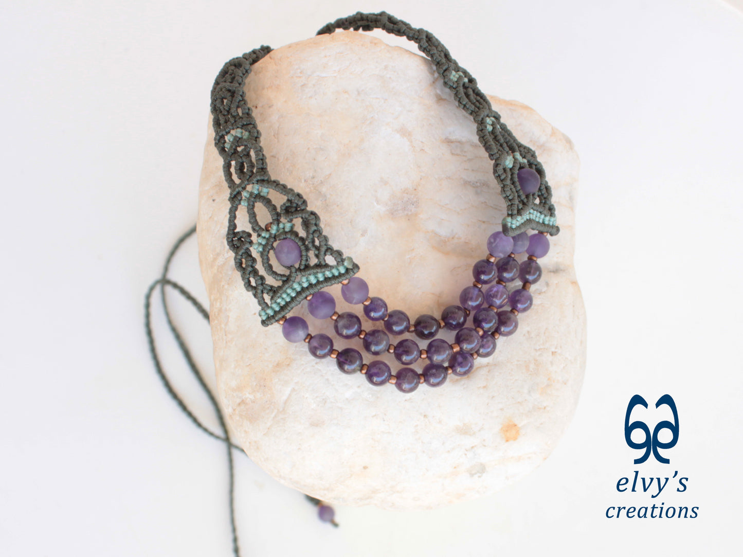 Green Macrame Necklace with Handmade Necklace with Amethyst Gemstones