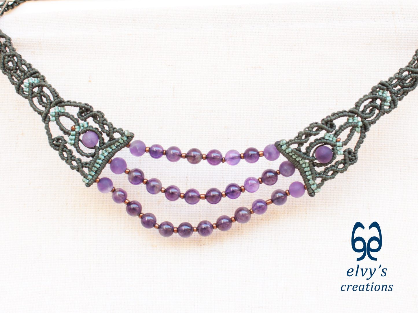 Green Macrame Necklace with Handmade Necklace with Amethyst Gemstones