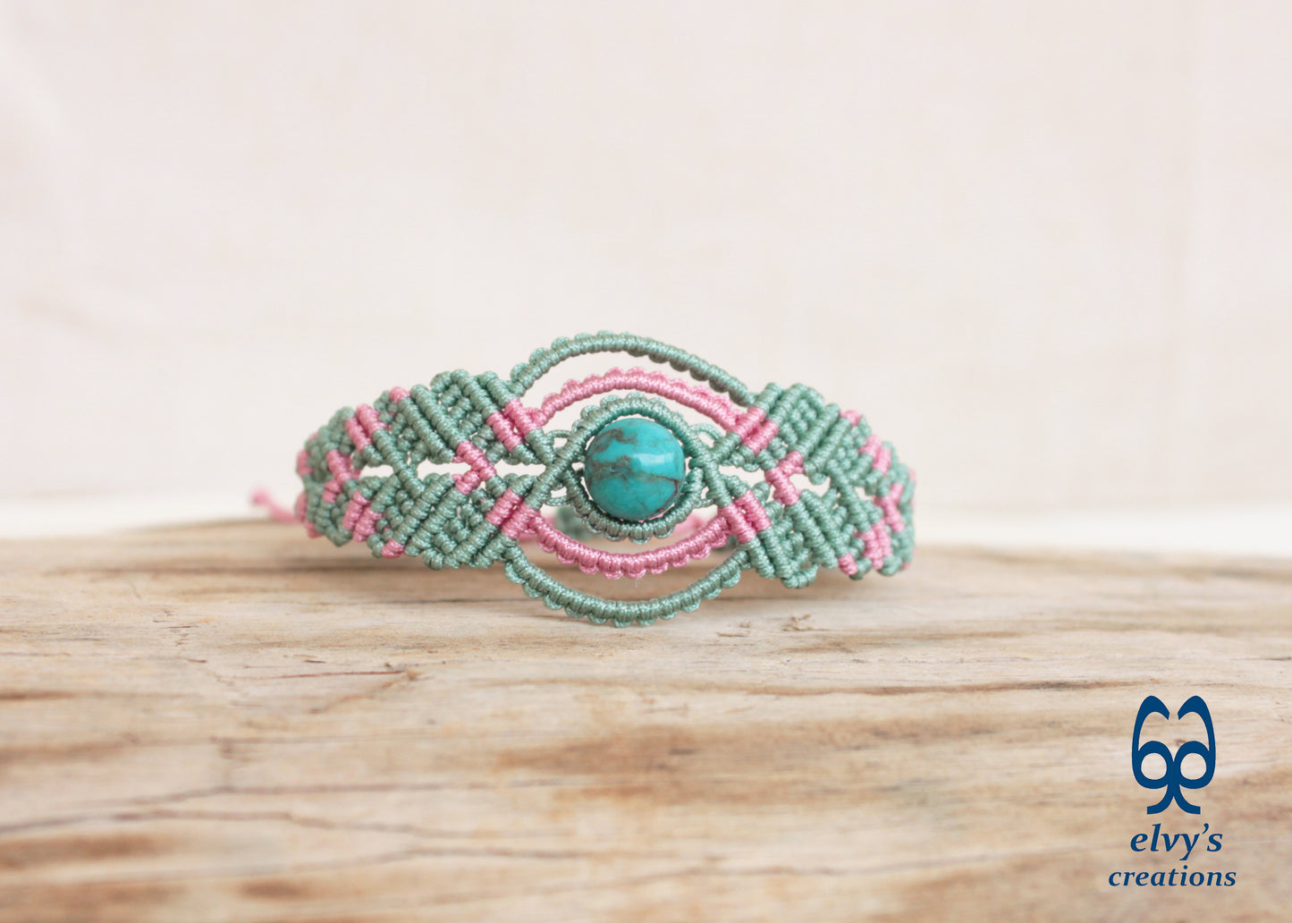 Handmade Green Macrame Bracelet, Turquoise Gemstones Boho Summer Bracelet