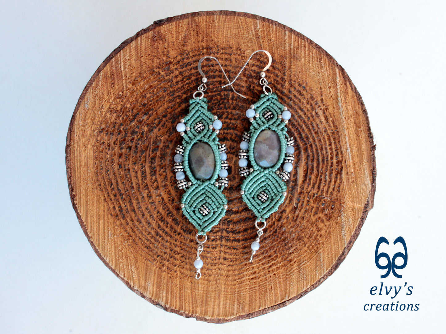 Handmade Macrame Silver Earrings Mint Green with Chalcedony Gemstones Dangle Earrings