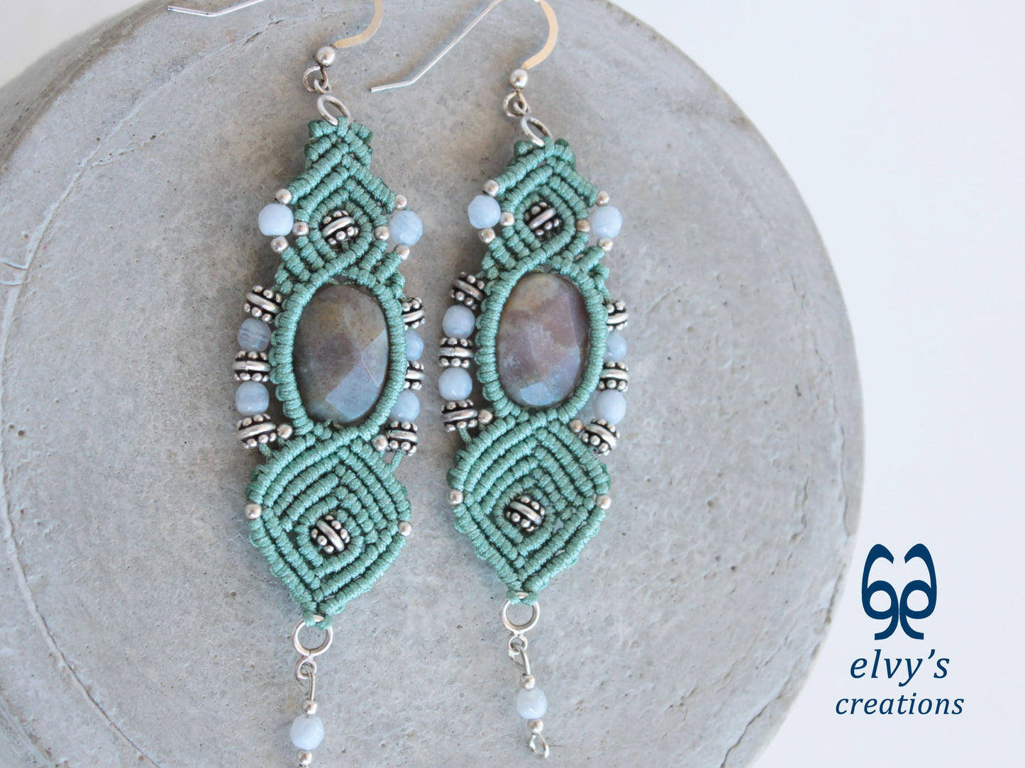 Handmade Macrame Silver Earrings Mint Green with Chalcedony Gemstones Dangle Earrings