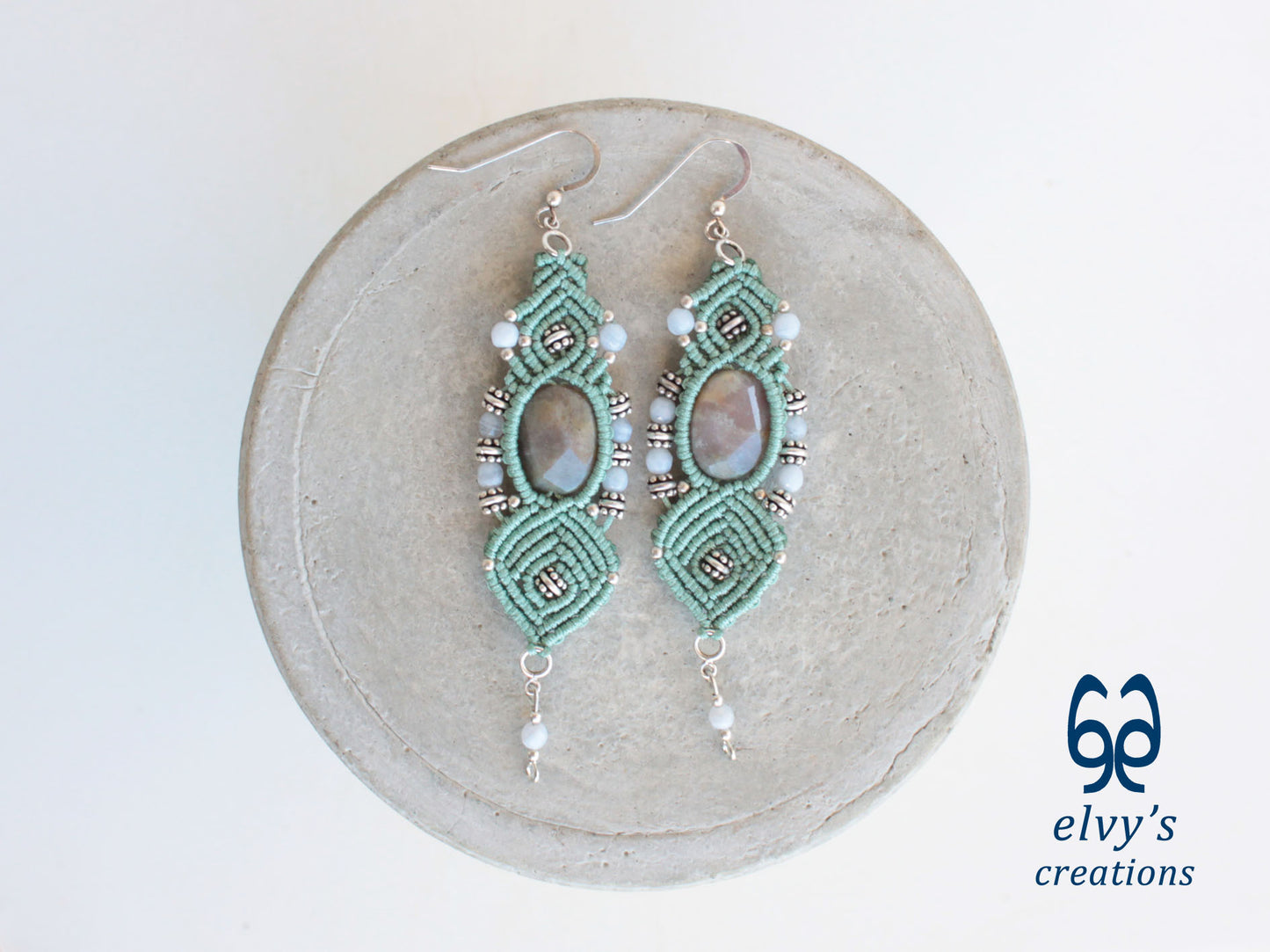 Handmade Macrame Silver Earrings Mint Green with Chalcedony Gemstones Dangle Earrings