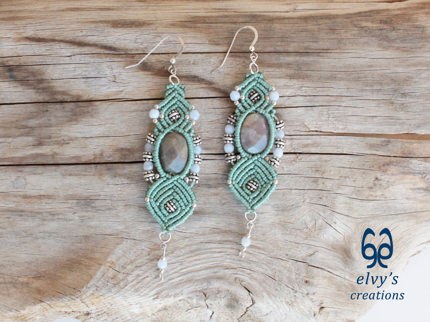 Handmade Macrame Silver Earrings Mint Green with Chalcedony Gemstones Dangle Earrings