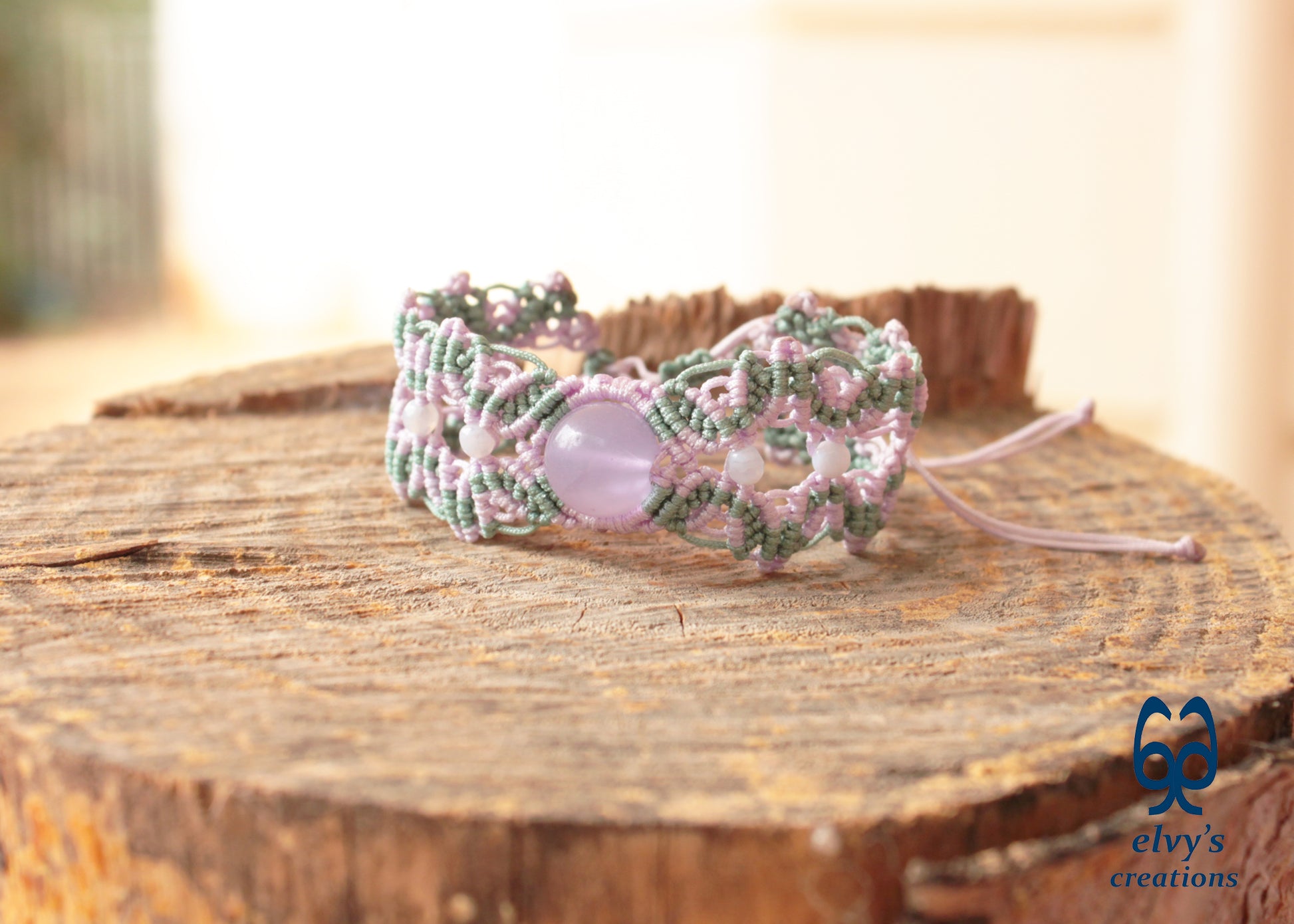 Handmade Macrame Mint Green Bracelet with Violet Purple Chalcedony