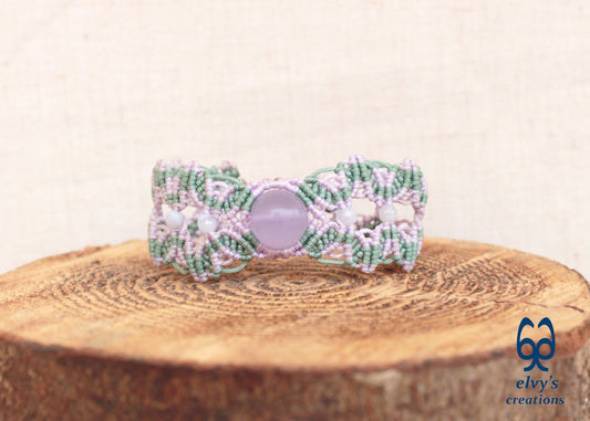 Handmade Macrame Mint Green Bracelet with Violet Purple Chalcedony