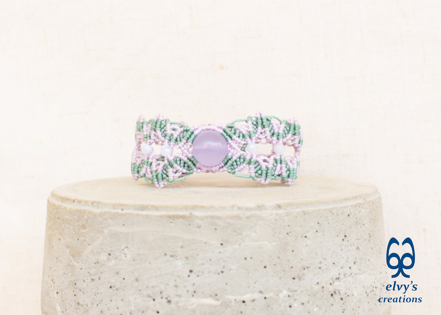 Handmade Macrame Mint Green Bracelet with Violet Purple Chalcedony