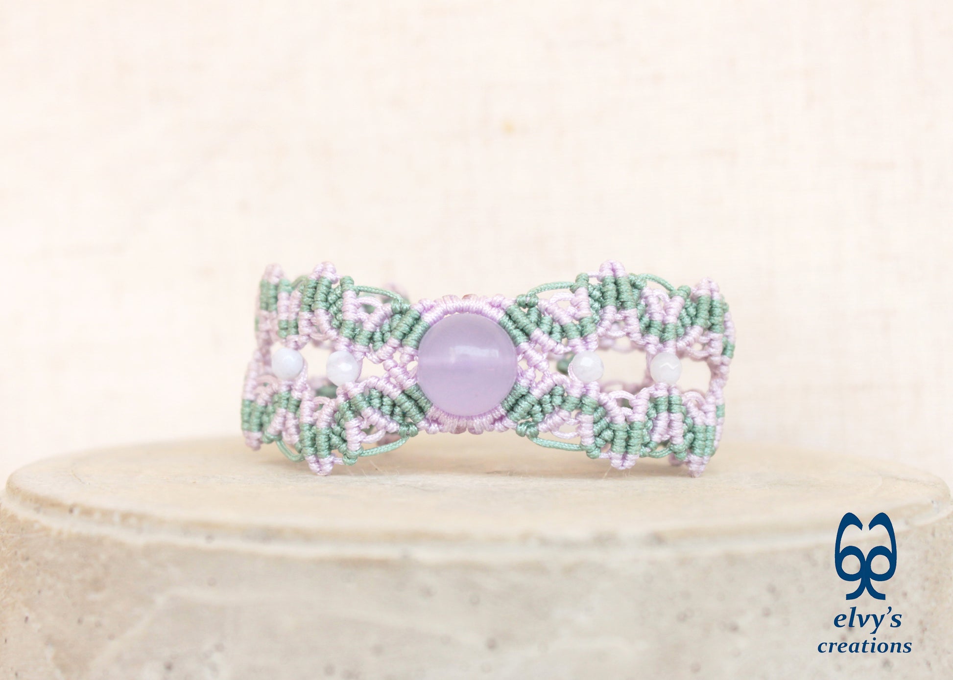 Handmade Macrame Mint Green Bracelet with Violet Purple Chalcedony