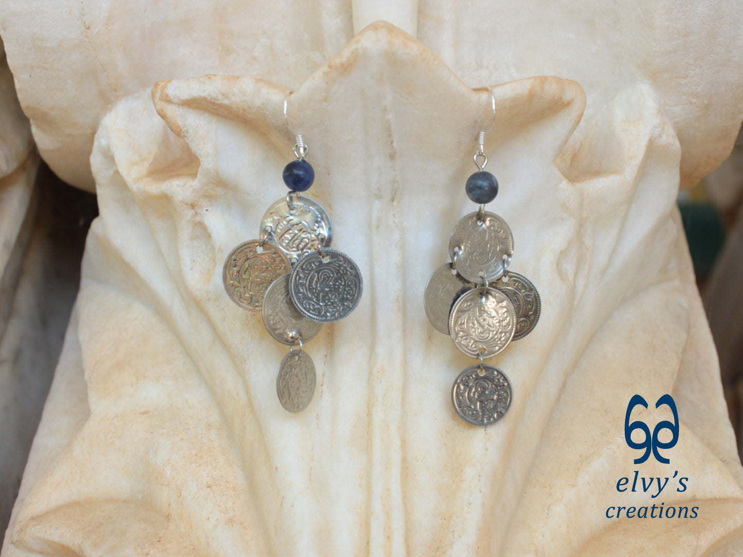 Gold Folklore Earrings, Coin Dangle Greek Traditional Jewelry, Sterling Silver Gold Plated Gypsy Jewelry, Gemstone