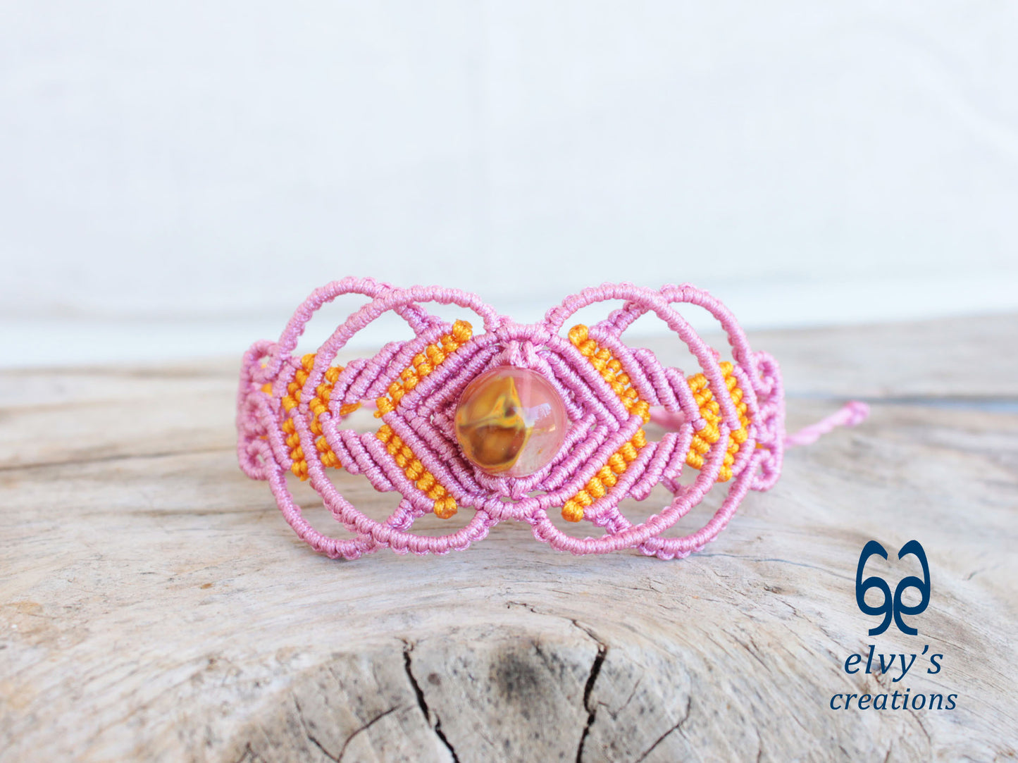 Handmade Pink Macrame Bracelet with Crystal Quartz Adjustable Macrame Bracelet