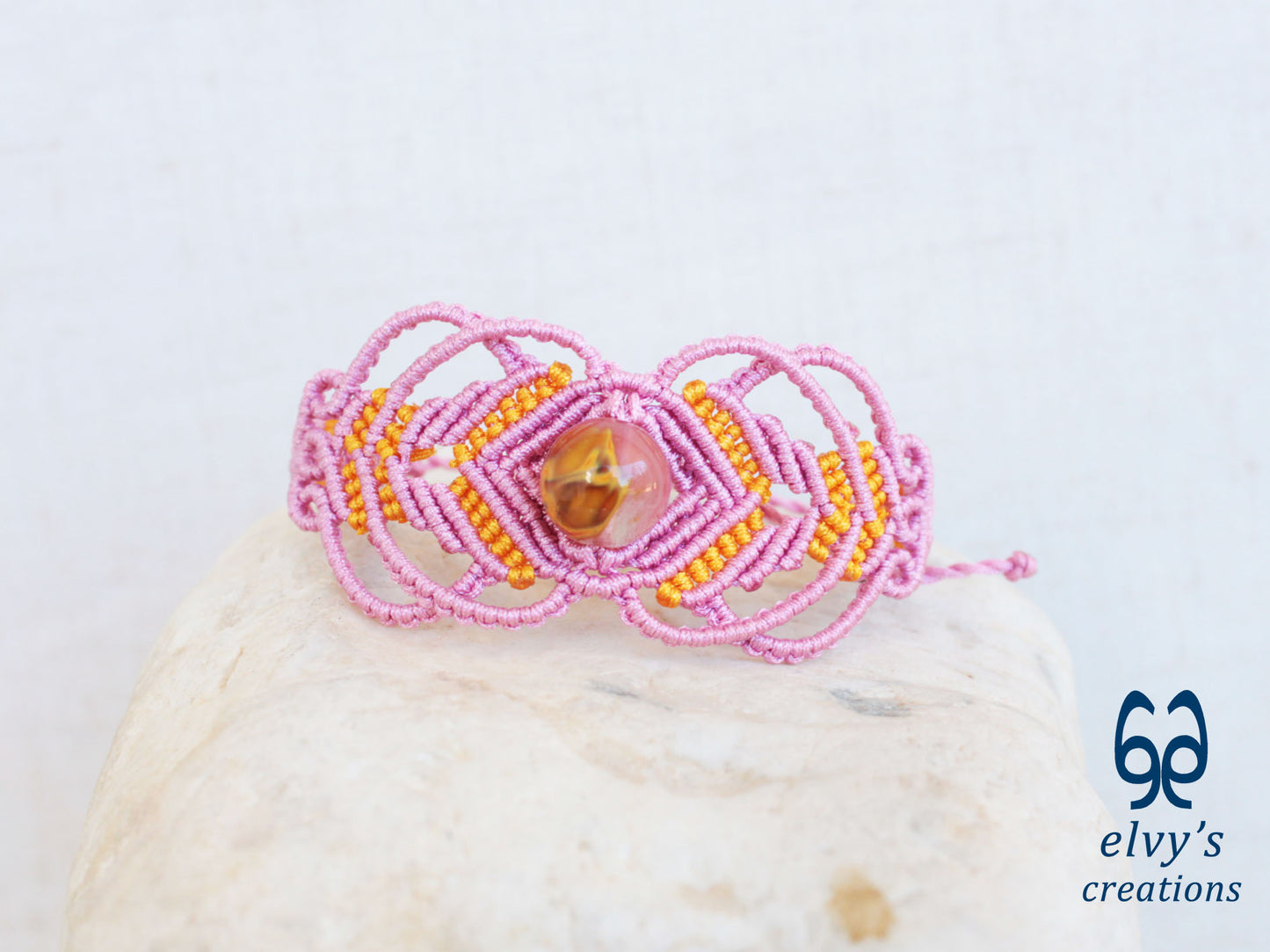 Handmade Pink Macrame Bracelet with Crystal Quartz Adjustable Macrame Bracelet