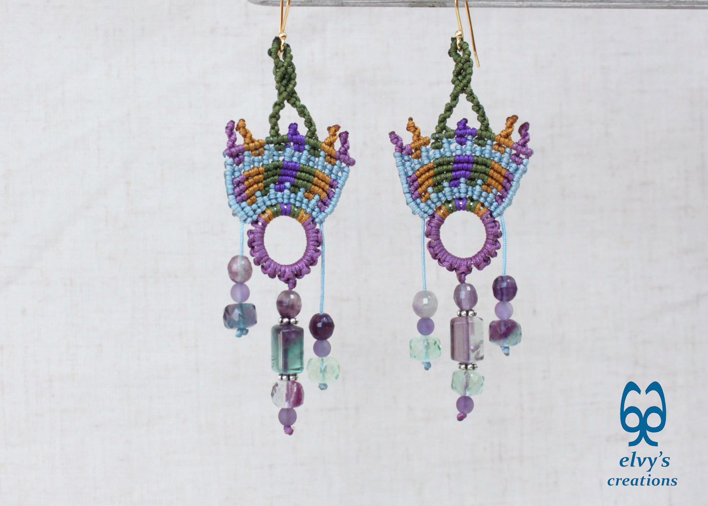 Purple Macramé Earrings Long Dangle and Green Amethyst Fluorite Gemstones