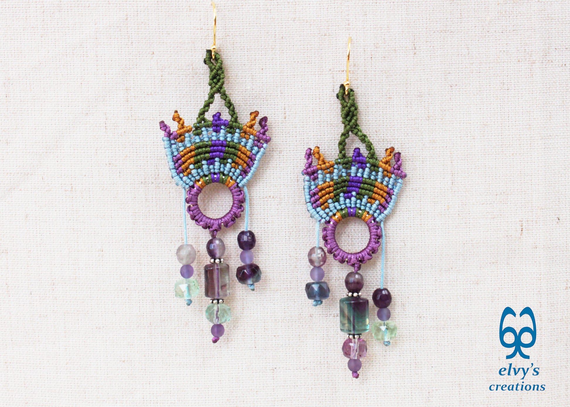 Purple Macramé Earrings Long Dangle and Green Amethyst Fluorite Gemstones