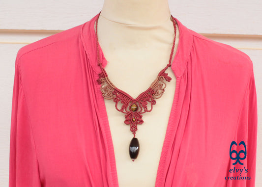 Red and Beige Macrame Necklace Handmade Macrame with Tiger Eye Gemstones