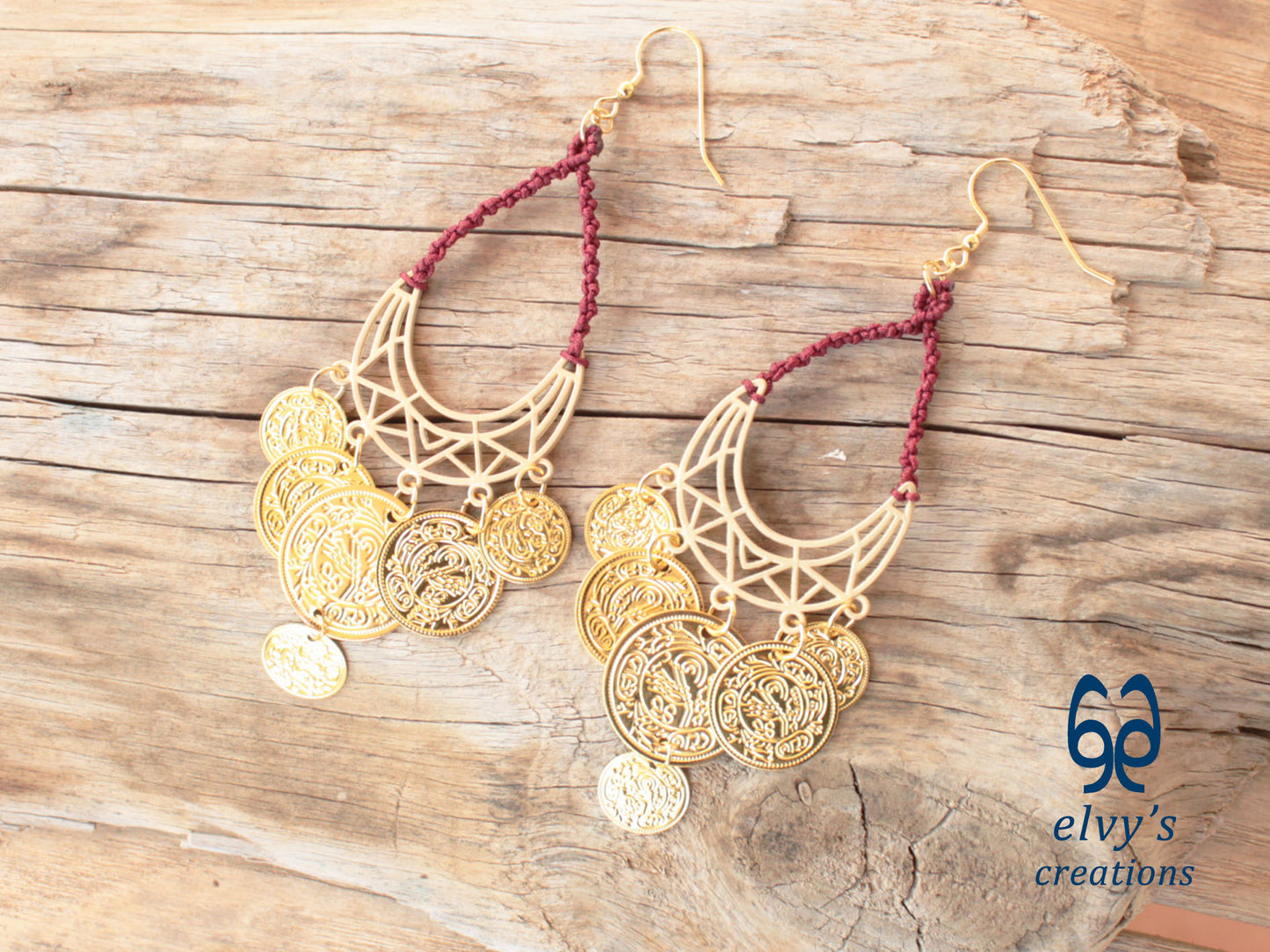 Gold Macrame Earrings with Sodalite Gemstones Gypsy Earrings with Coins Boho Dangle with Coins, Μακραμέ Σκουλαρίκια με Χρυσά Φλουριά