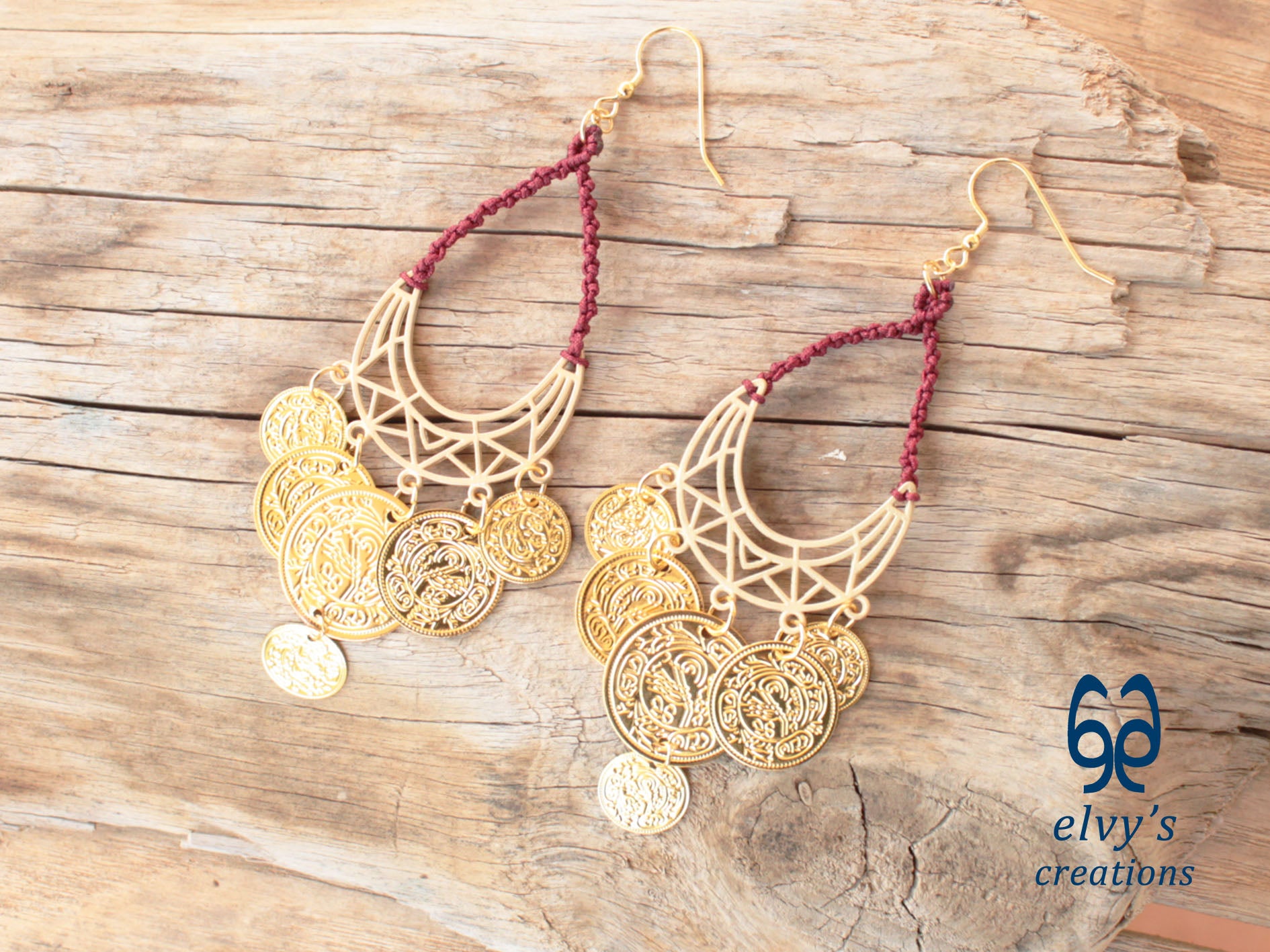 Gold Macrame Earrings with Sodalite Gemstones Gypsy Earrings with Coins Boho Dangle with Coins, Μακραμέ Σκουλαρίκια με Χρυσά Φλουριά