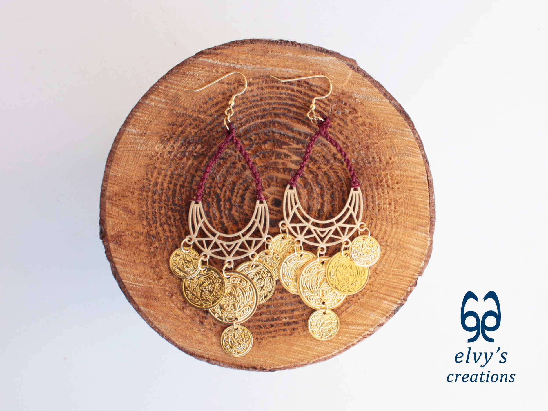 Gold Macrame Earrings with Sodalite Gemstones Gypsy Earrings with Coins Boho Dangle with Coins, Μακραμέ Σκουλαρίκια με Χρυσά Φλουριά