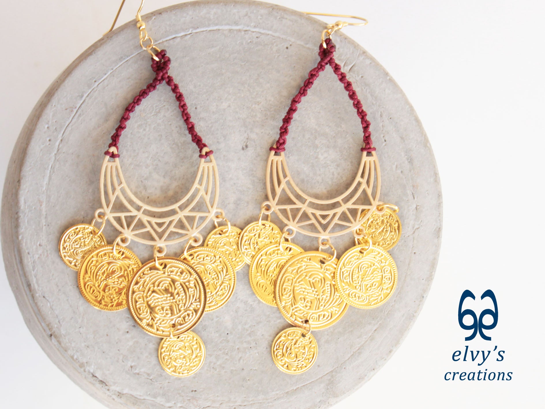 Gold Macrame Earrings with Sodalite Gemstones Gypsy Earrings with Coins Boho Dangle with Coins, Μακραμέ Σκουλαρίκια με Χρυσά Φλουριά