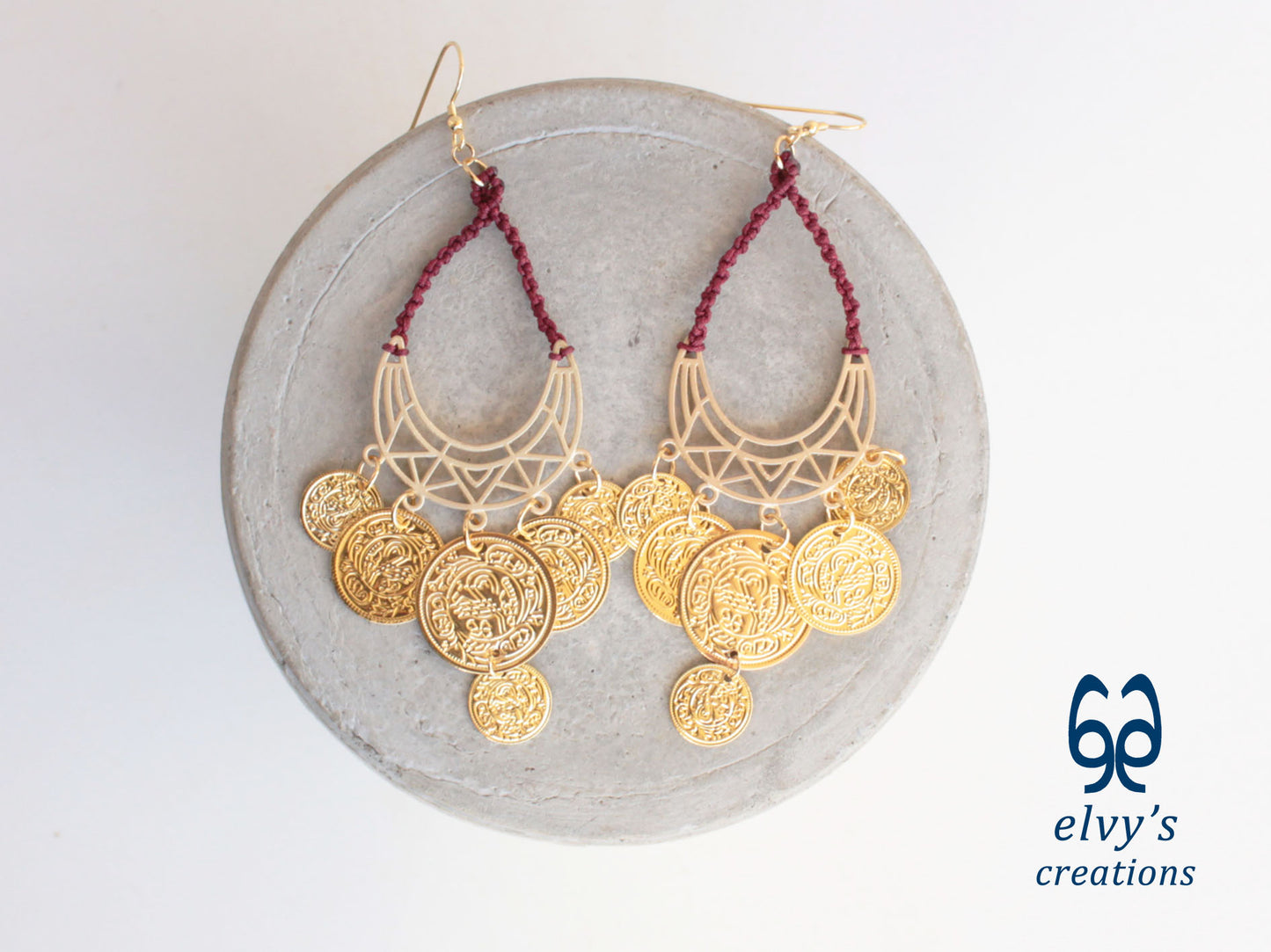 Gold Macrame Earrings with Sodalite Gemstones Gypsy Earrings with Coins Boho Dangle with Coins, Μακραμέ Σκουλαρίκια με Χρυσά Φλουριά