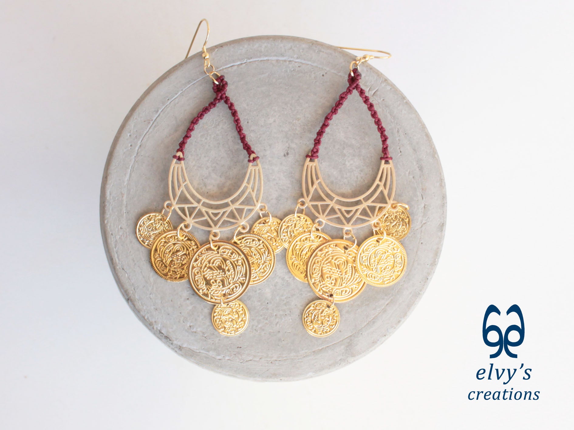 Gold Macrame Earrings with Sodalite Gemstones Gypsy Earrings with Coins Boho Dangle with Coins, Μακραμέ Σκουλαρίκια με Χρυσά Φλουριά