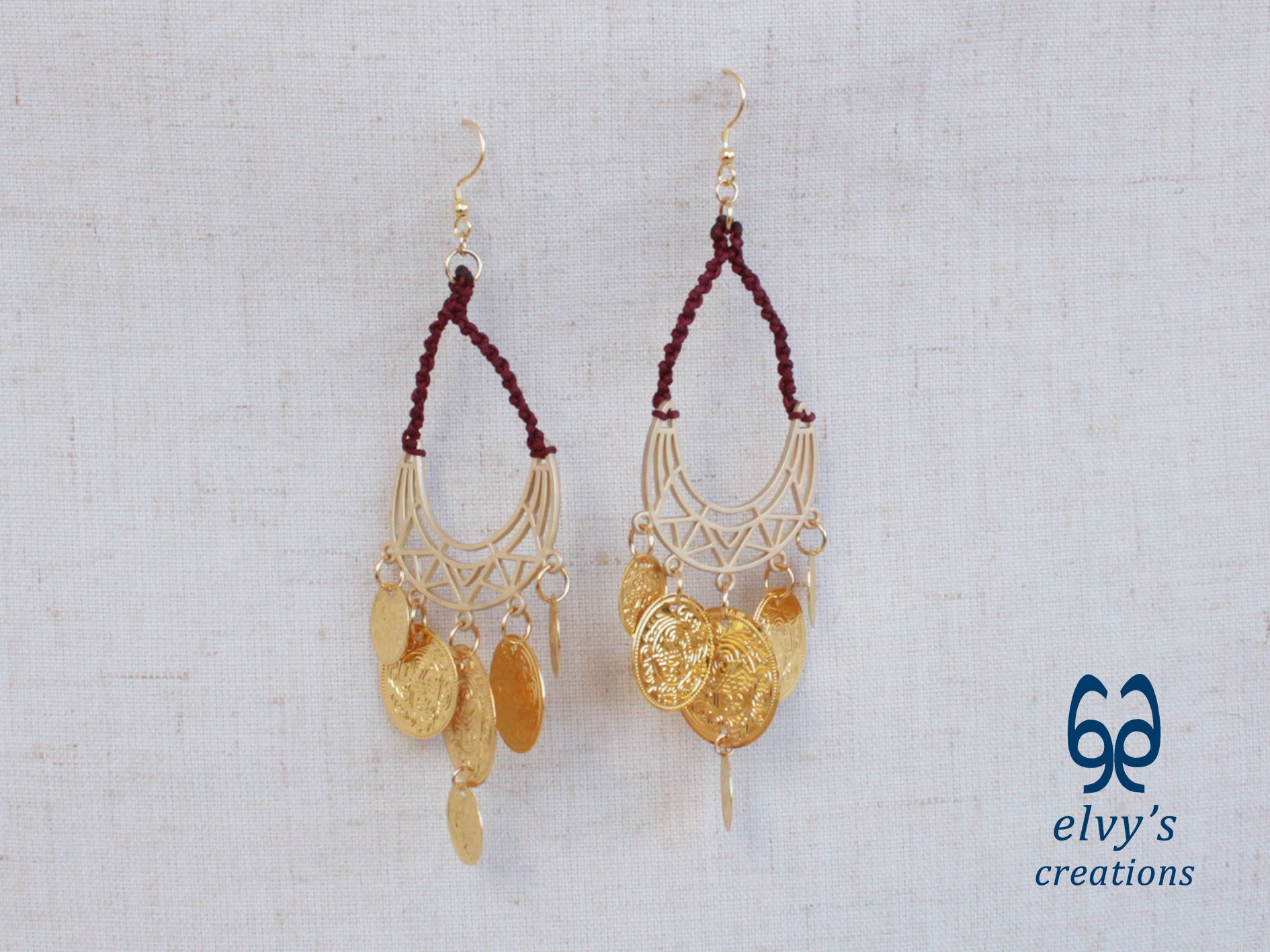 Gold Macrame Earrings with Sodalite Gemstones Gypsy Earrings with Coins Boho Dangle with Coins, Μακραμέ Σκουλαρίκια με Χρυσά Φλουριά