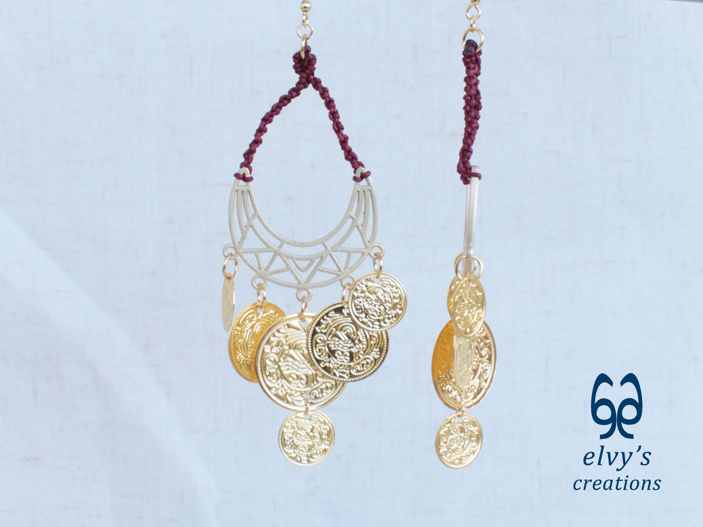 Gold Macrame Earrings with Sodalite Gemstones Gypsy Earrings with Coins Boho Dangle with Coins, Μακραμέ Σκουλαρίκια με Χρυσά Φλουριά