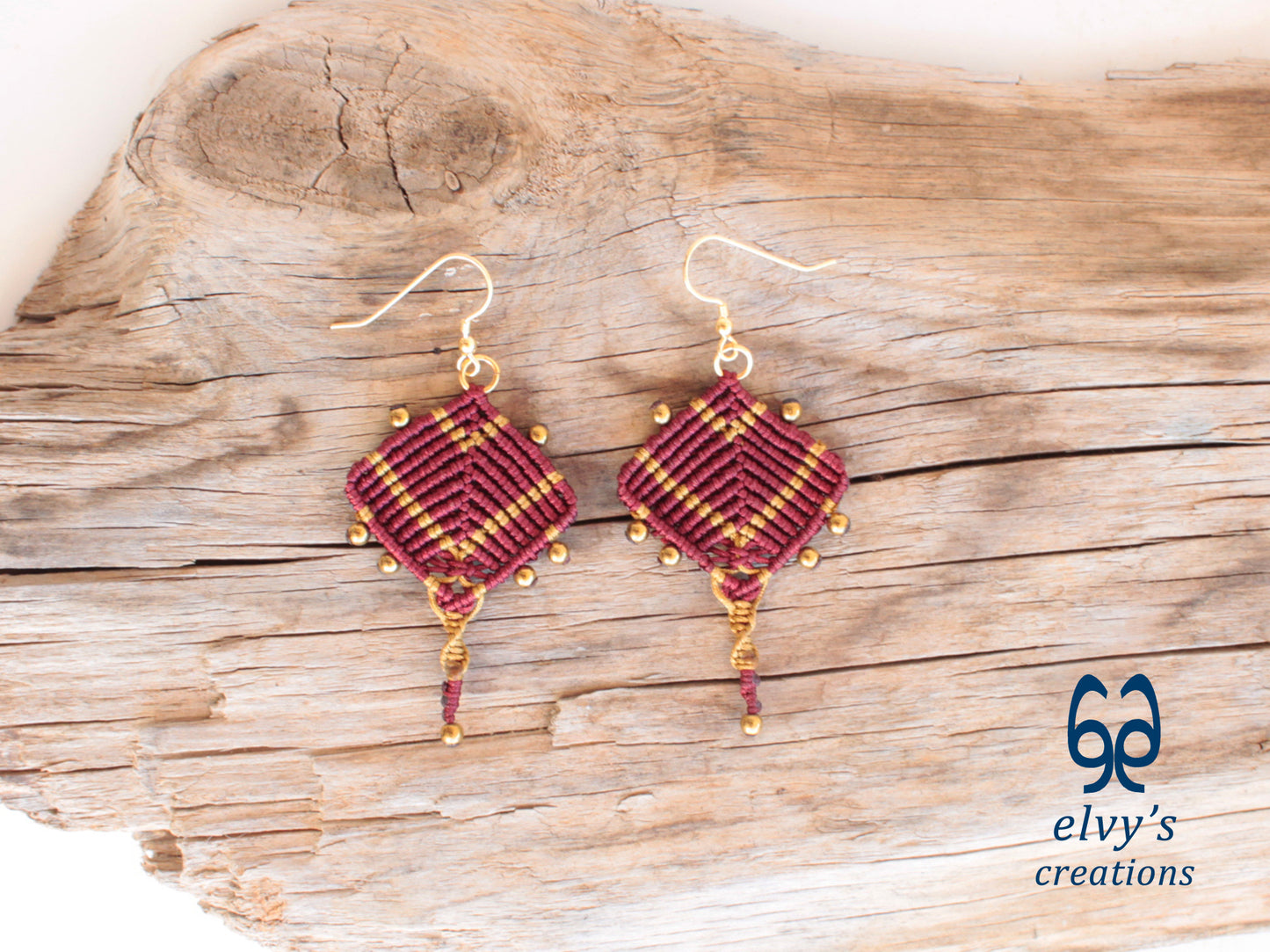 Handmade Red and Gold Macrame Earrings, Dangle Gemstone Beads Earrings, Birthday Gift for Women