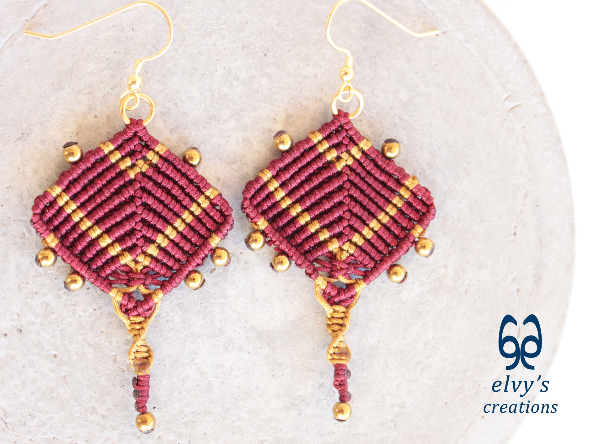 Handmade Red and Gold Macrame Earrings, Dangle Gemstone Beads Earrings, Birthday Gift for Women