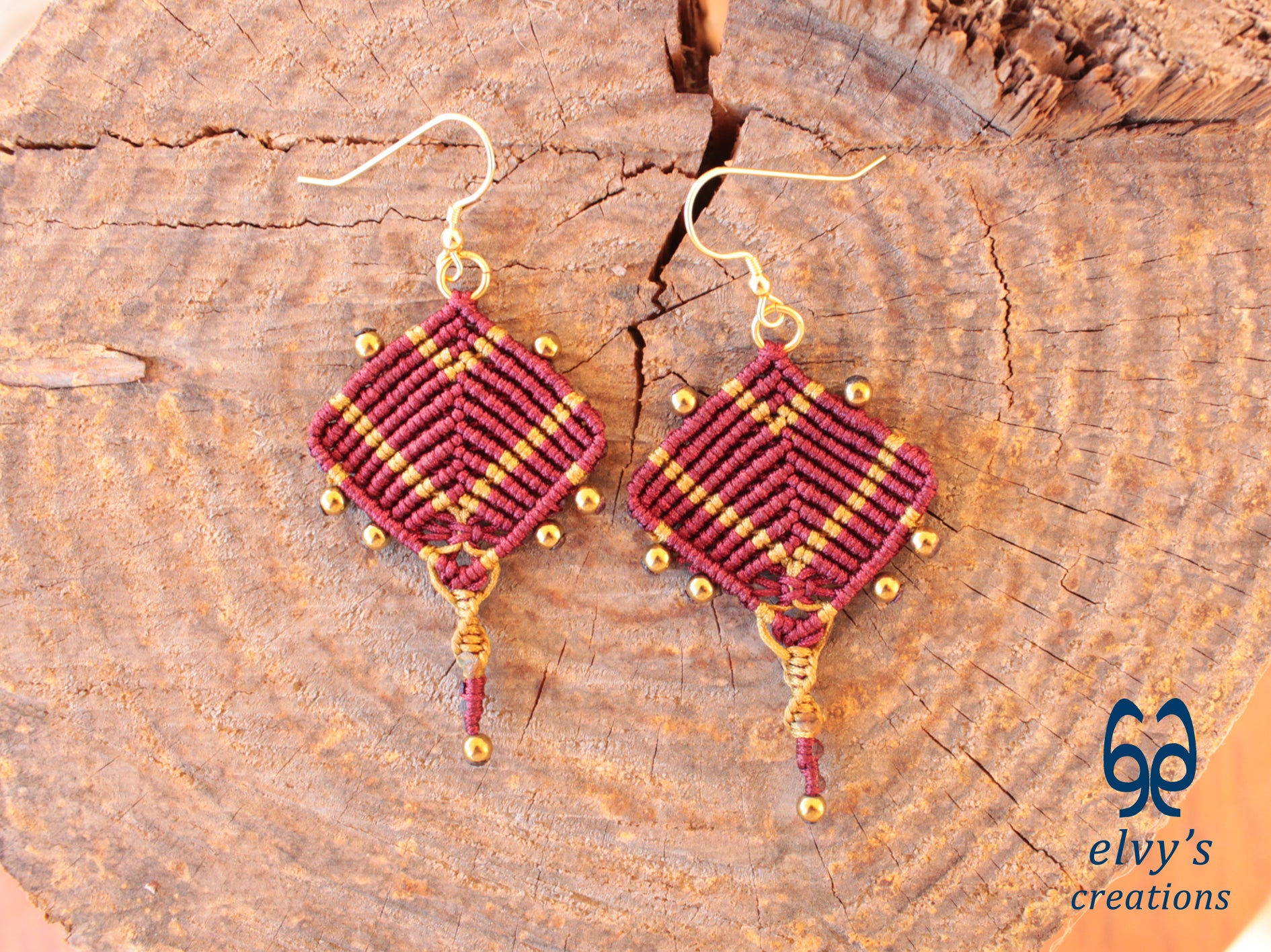 Handmade Red and Gold Macrame Earrings, Dangle Gemstone Beads Earrings, Birthday Gift for Women