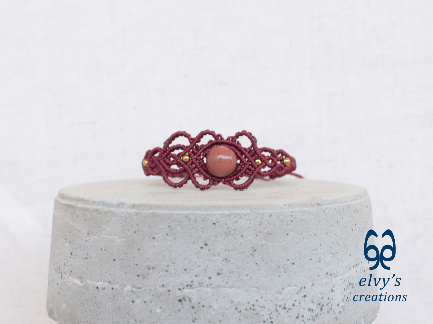 Handmade Red Macrame Bracelet with Sandstone Gemstone Adjustable Cuff