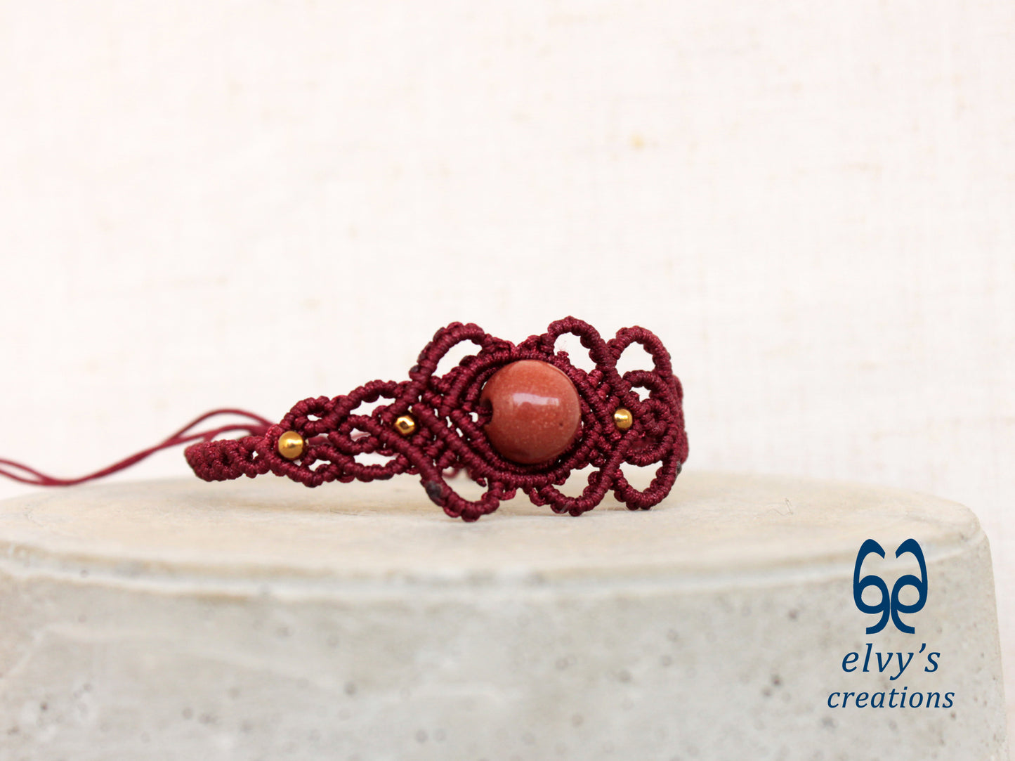 Handmade Red Macrame Bracelet with Sandstone Gemstone Adjustable Cuff