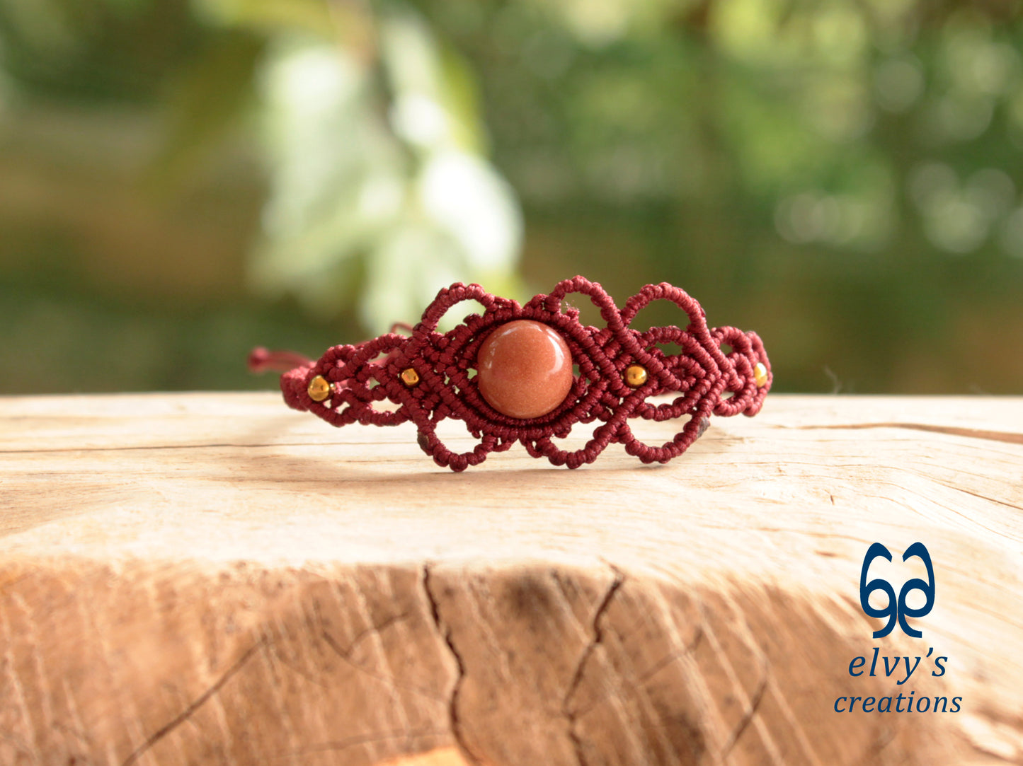 Handmade Red Macrame Bracelet with Sandstone Gemstone Adjustable Cuff