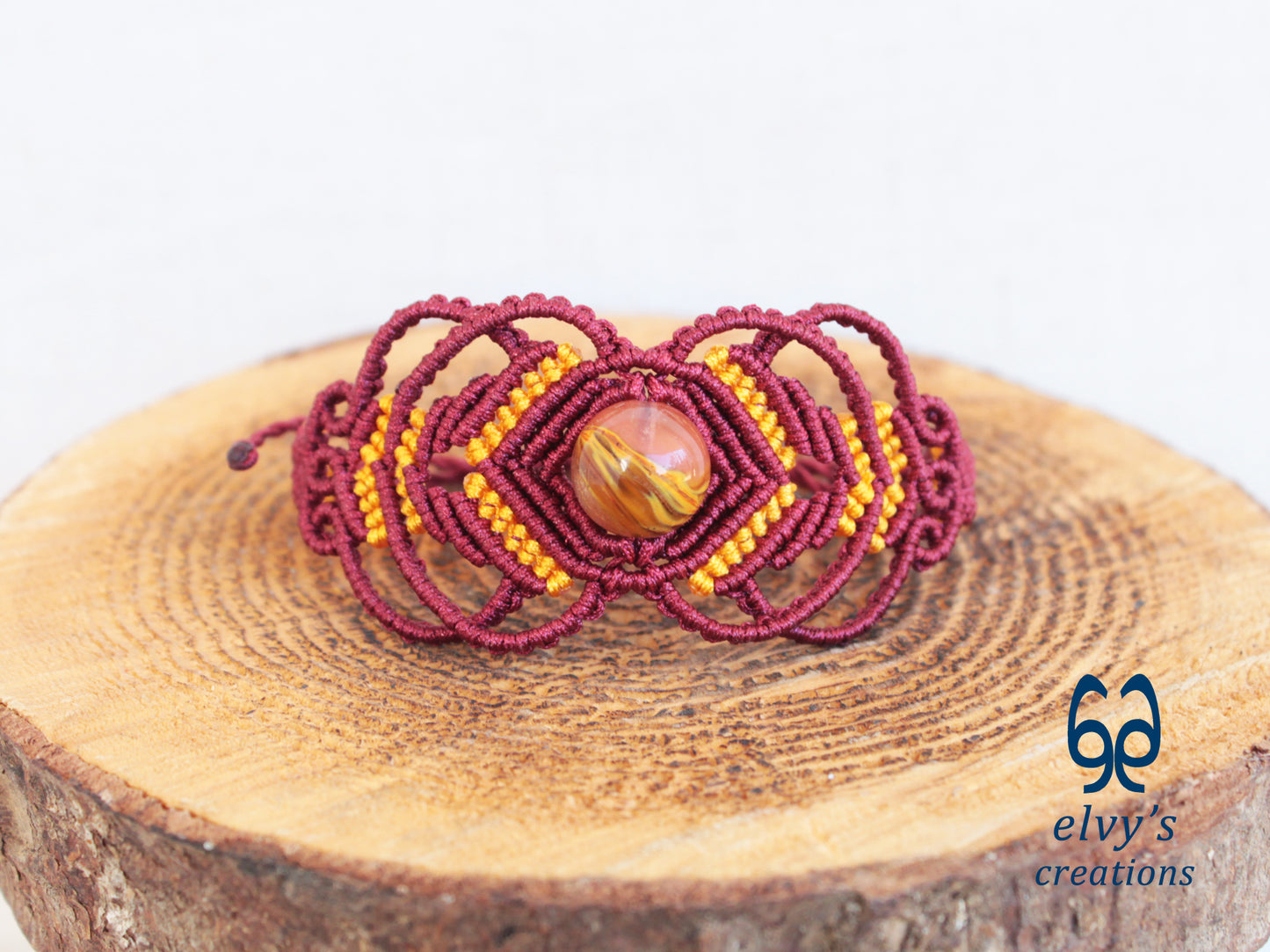 Handmade Red Macrame Bracelet Adjustable Yellow Quartz Bracelet