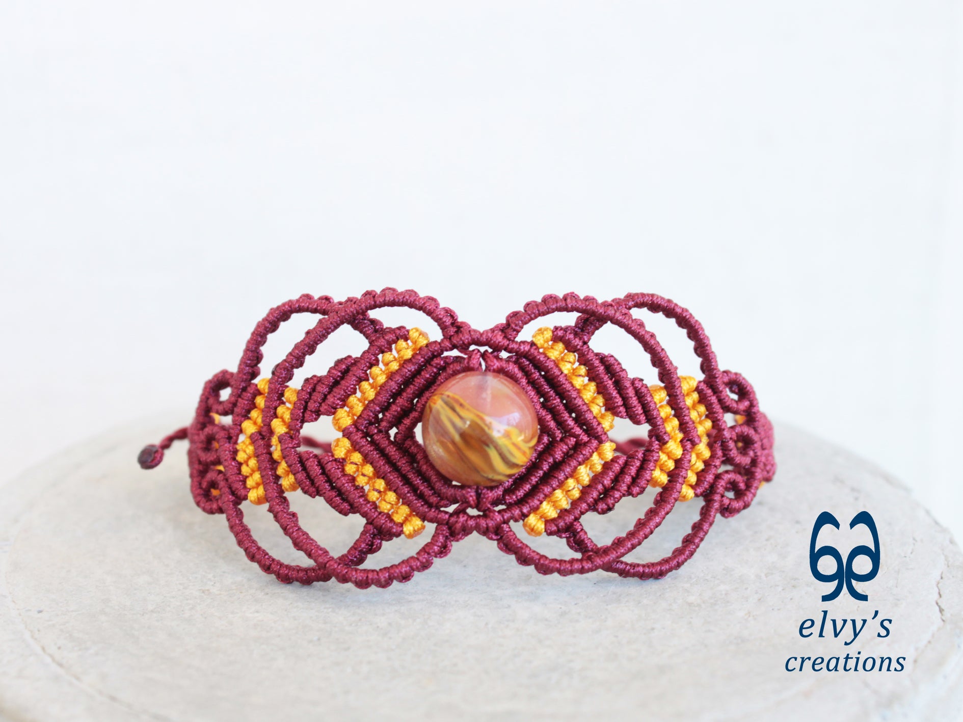 Handmade Red Macrame Bracelet Adjustable Yellow Quartz Bracelet