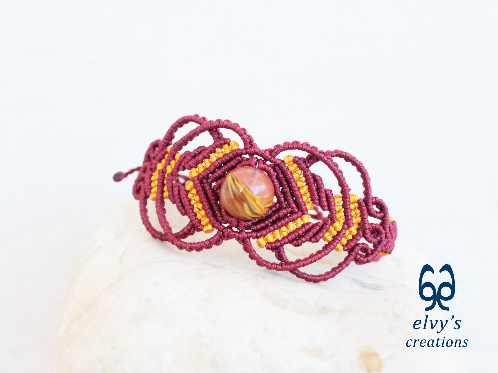 Handmade Red Macrame Bracelet Adjustable Yellow Quartz Bracelet