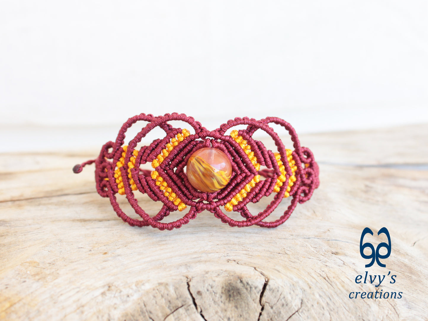 Handmade Red Macrame Bracelet Adjustable Yellow Quartz Bracelet