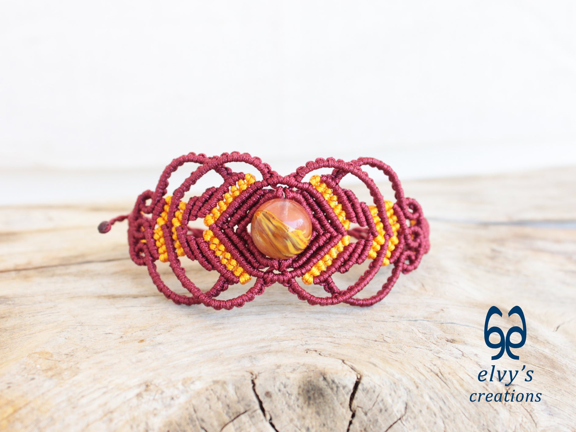 Handmade Red Macrame Bracelet Adjustable Yellow Quartz Bracelet