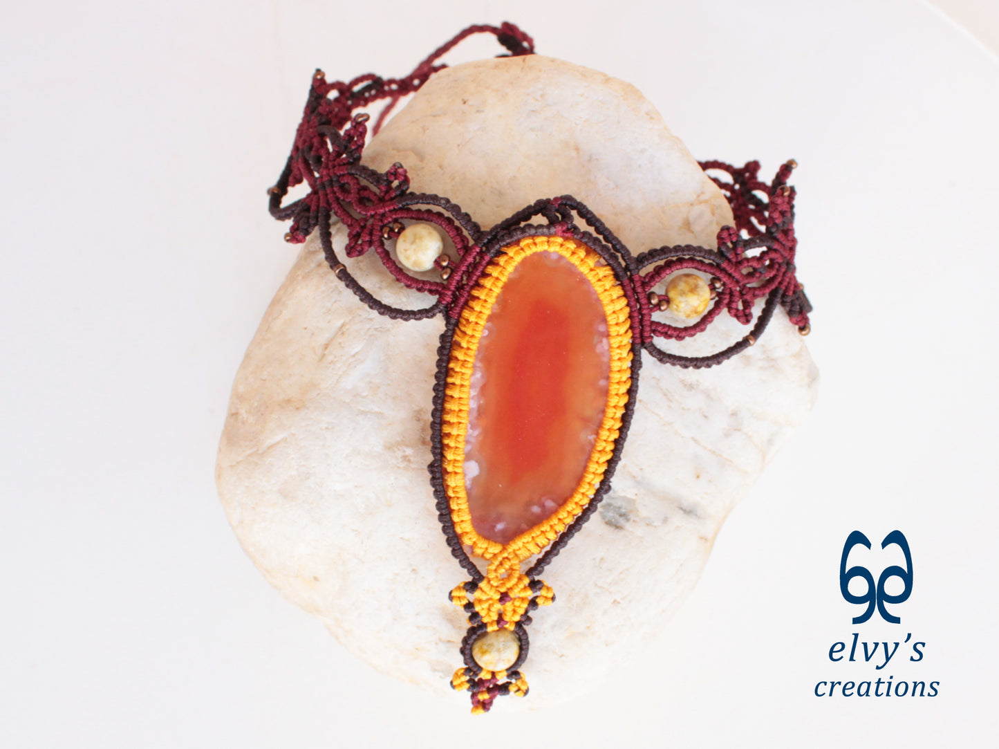 Red and Yellow Macrame Necklace with Agate