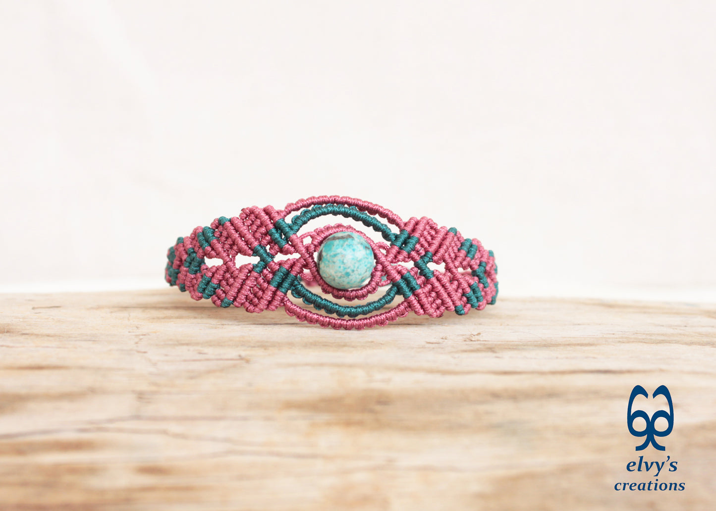 Handmade Pink Macrame Bracelet, Turquoise Gemstones Boho Summer Bracelet