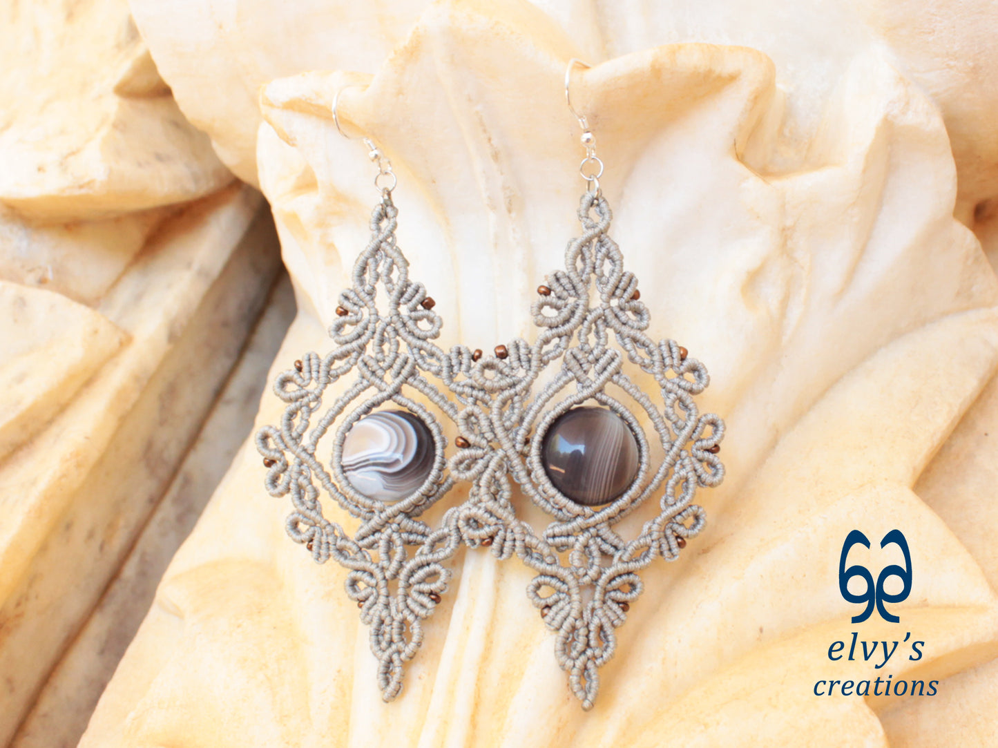 Handmade Silver Macrame Earrings with Agate Gemstones Silver Macrame Jewelry