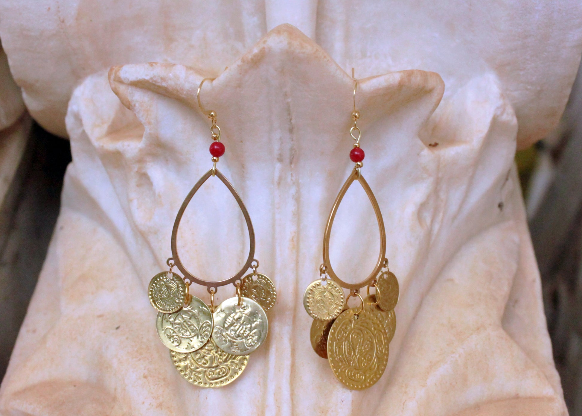 Handmade Traditional Earrings, Greek Folklore Earrings with Red Coral Gemstone