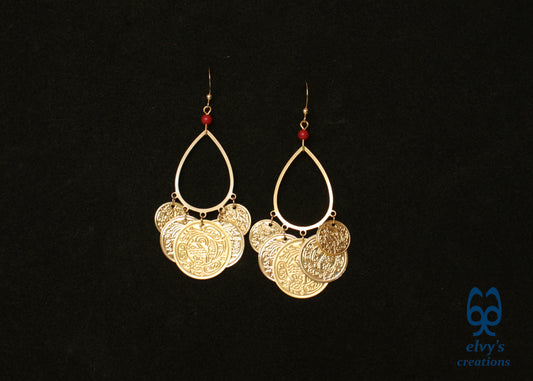 Handmade Traditional Earrings, Greek Folklore Earrings with Red Coral Gemstone