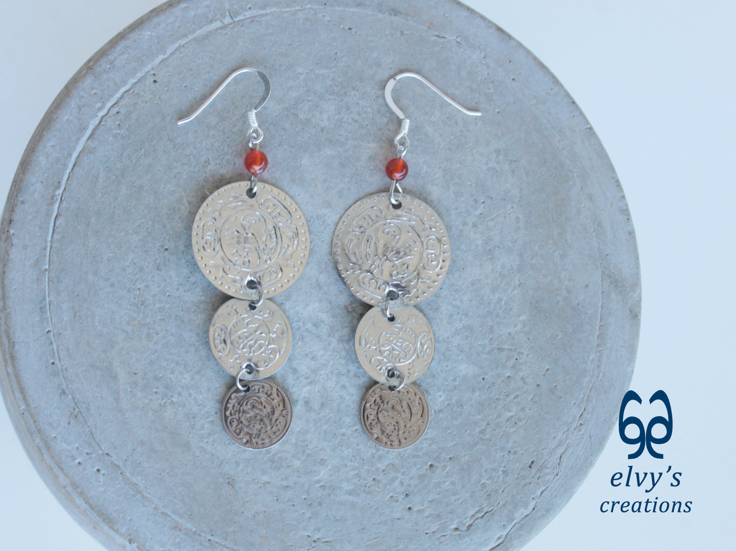 Gold Folklore Earrings, Coin Dangle Greek Traditional Jewelry, Sterling Silver Gold Plated Gypsy Jewelry, Gemstone