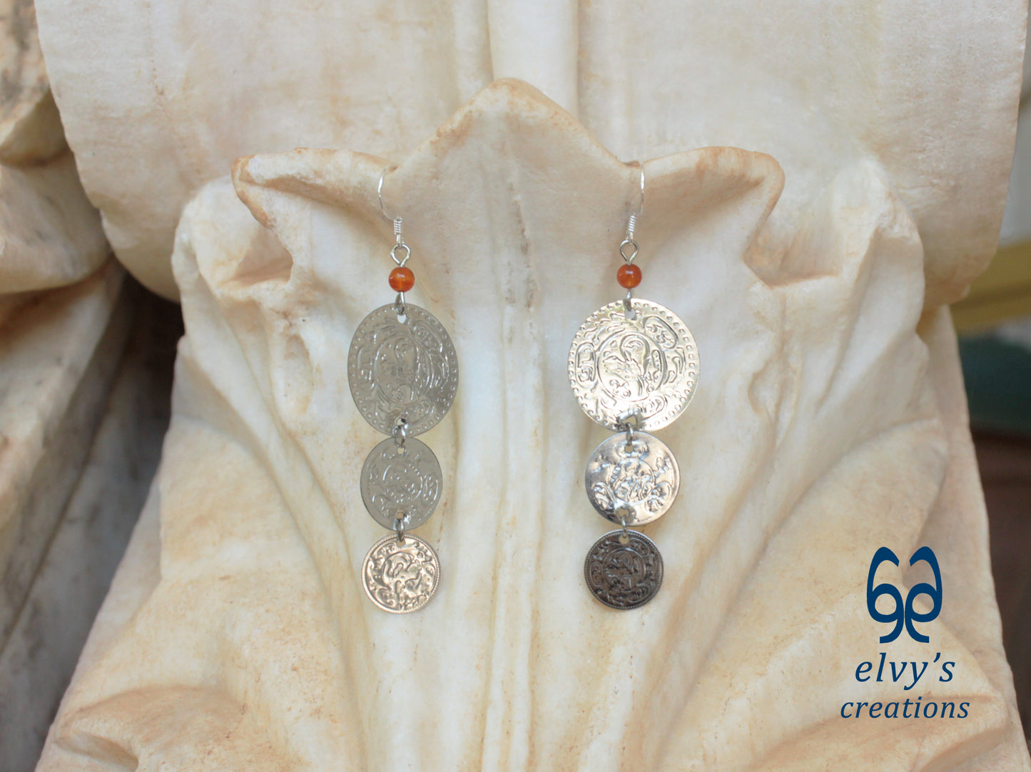 Gold Folklore Earrings, Coin Dangle Greek Traditional Jewelry, Sterling Silver Gold Plated Gypsy Jewelry, Gemstone