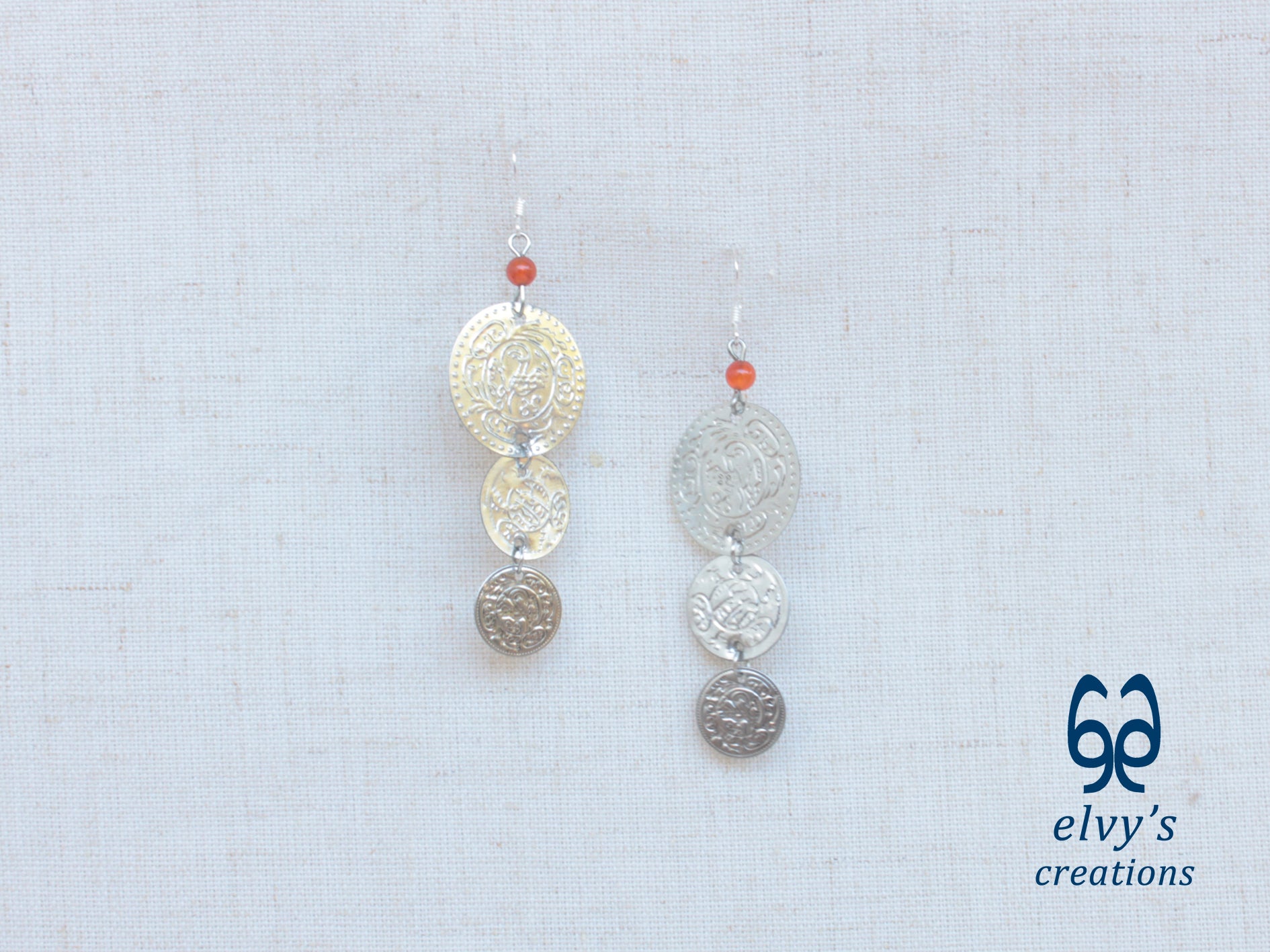 Gold Folklore Earrings, Coin Dangle Greek Traditional Jewelry, Sterling Silver Gold Plated Gypsy Jewelry, Gemstone