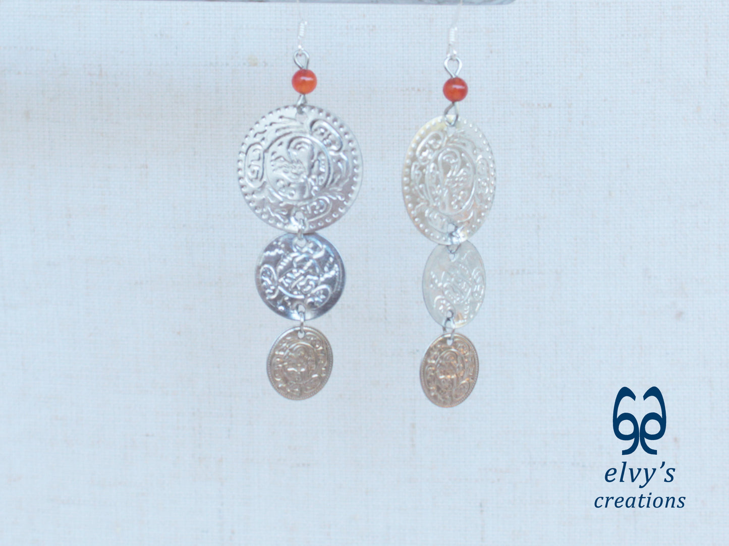 Gold Folklore Earrings, Coin Dangle Greek Traditional Jewelry, Sterling Silver Gold Plated Gypsy Jewelry, Gemstone