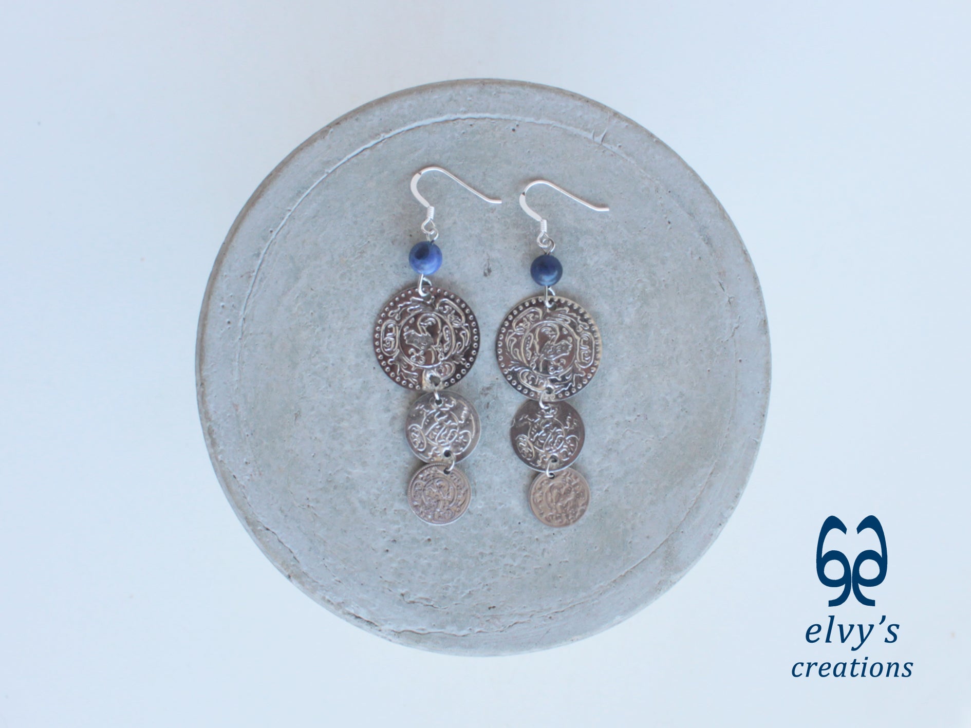 Gold Folklore Earrings, Coin Dangle Greek Traditional Jewelry, Sterling Silver Gold Plated Gypsy Jewelry, Gemstone