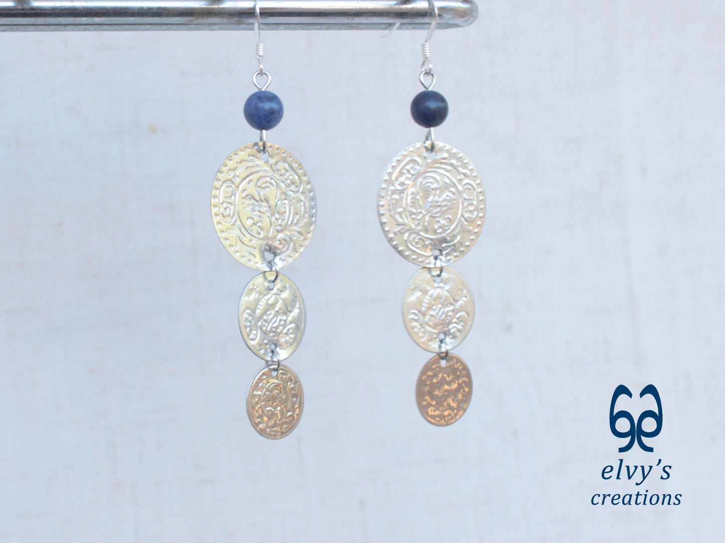 Gold Folklore Earrings, Coin Dangle Greek Traditional Jewelry, Sterling Silver Gold Plated Gypsy Jewelry, Gemstone