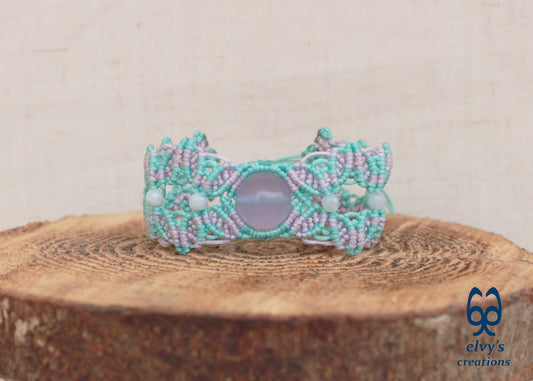 Handmade Macrame Blue Bracelet with Violet Purple Chalcedony Adjustable Cuff