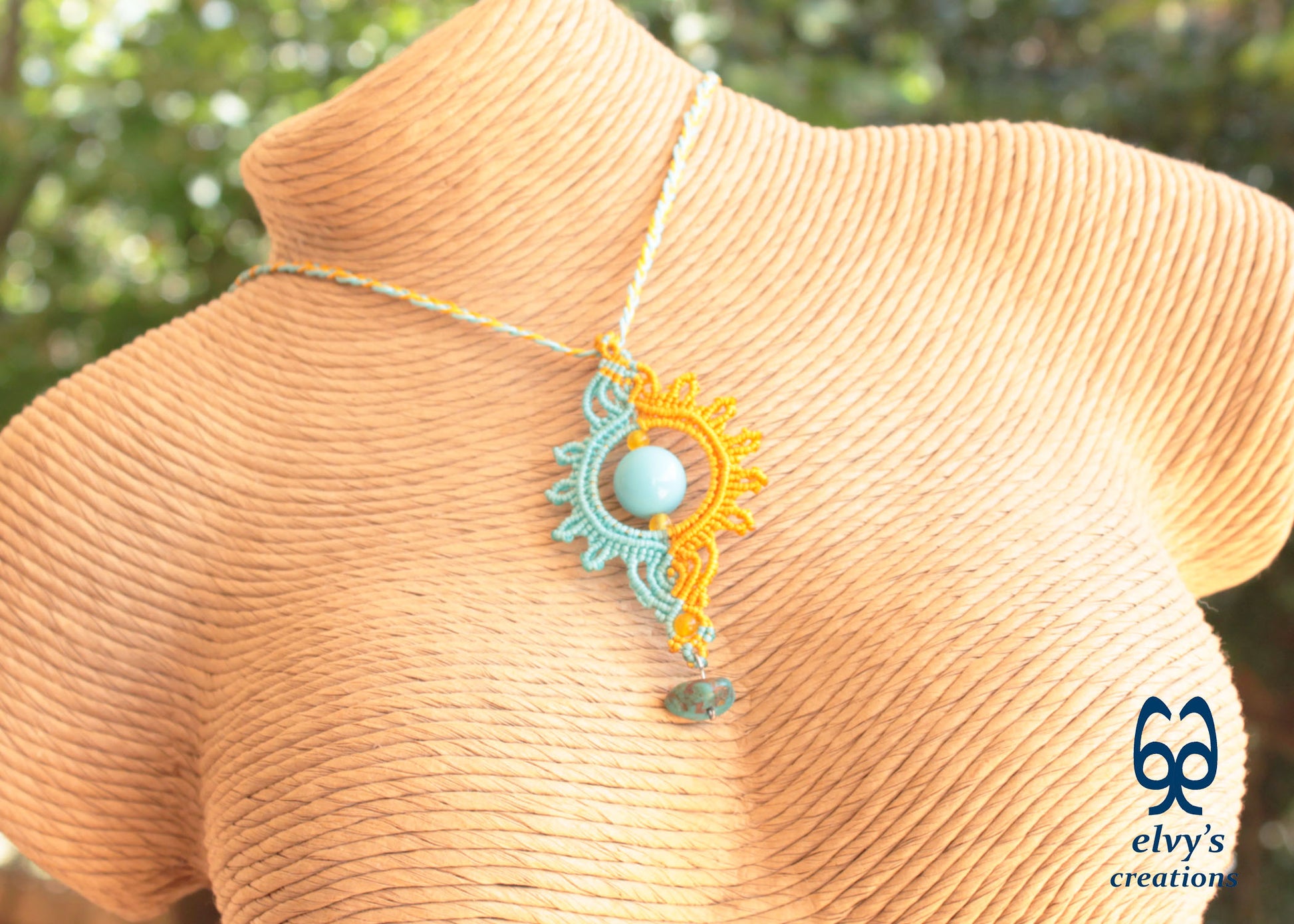 Yellow Macrame Necklace with Turquoise Gemstones Yellow Sun Dangle Agate Pendant